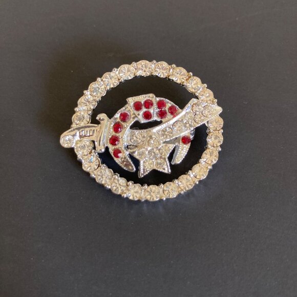 Other - Masonic Shriners Pin Brooch With Clear And Red Rhinestones Circle Star Design